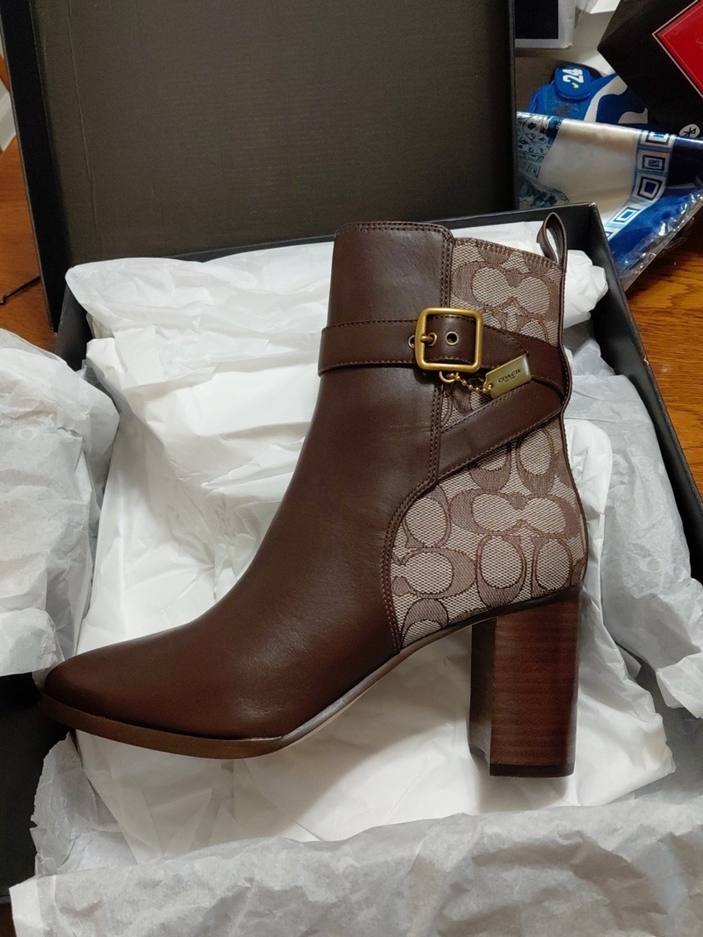 Coach Brown Leather & Signature Canvas Ankle Boot with Buckle